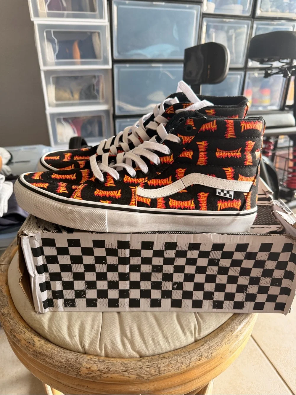 Vans Thrasher High-Top Sneakers Black with Orange Flame Print